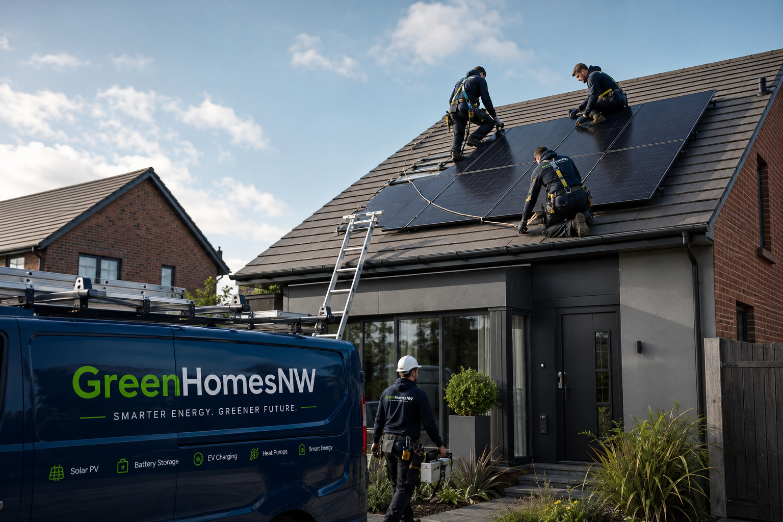 GreenHomesNW team installing solar panels on a UK property