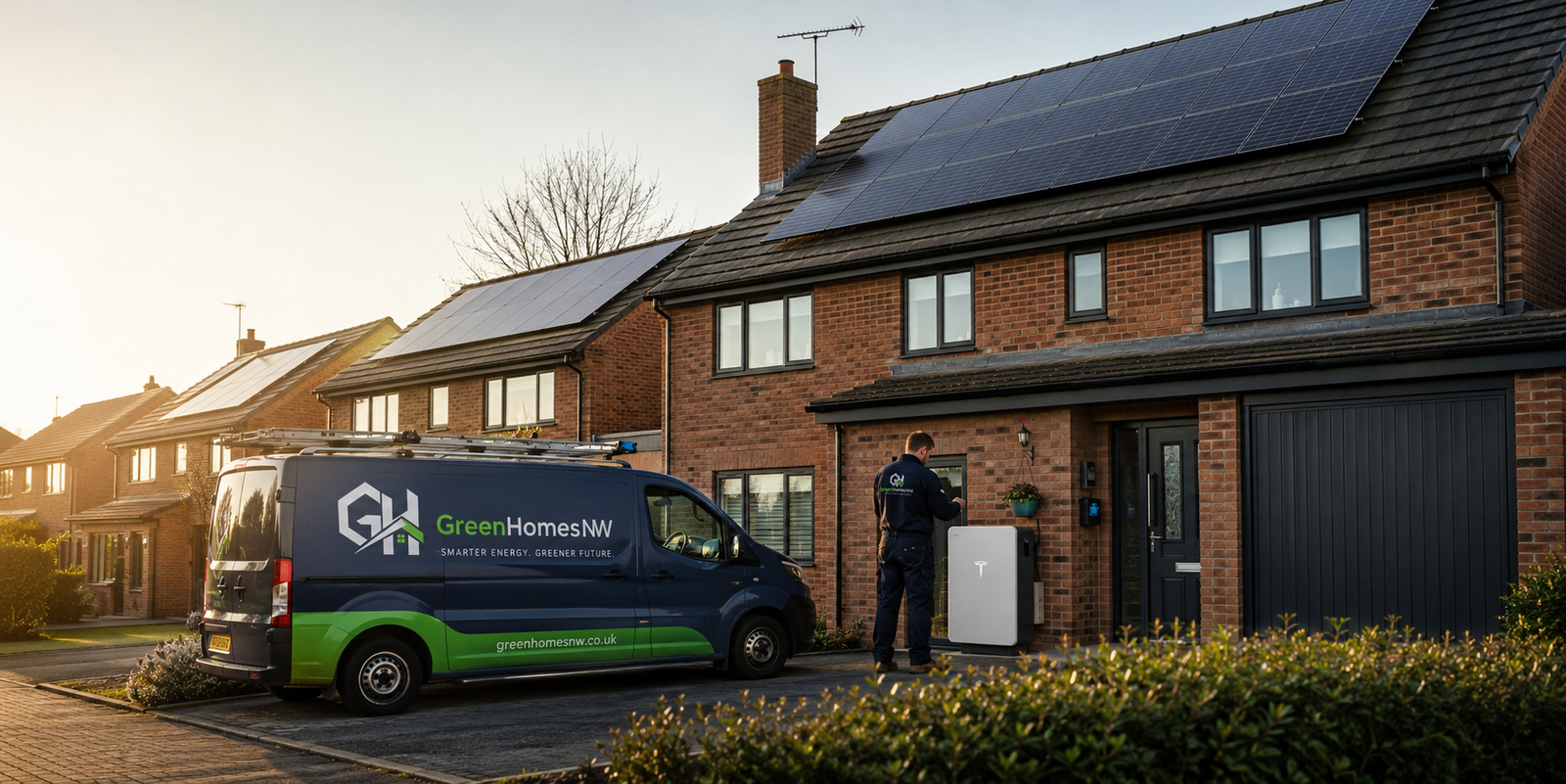 GreenHomesNW van outside a UK home with solar panels and battery storage